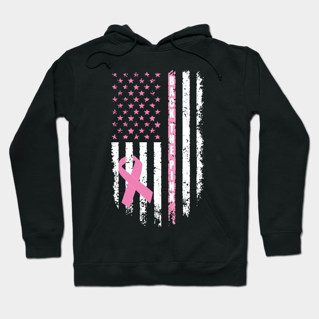 Back The Pink Ribbon American Flag Breast Cancer Awareness Hoodie by PsychoDynamics